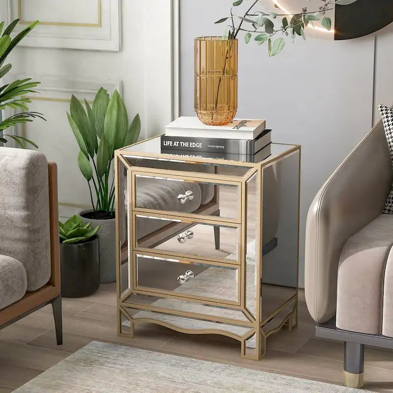 Meuble d'appoint de chevet multifonctionnel, Miroir Champagne à trois tiroirs