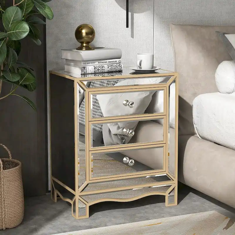 Meuble d'appoint de chevet multifonctionnel, Miroir Champagne à trois tiroirs