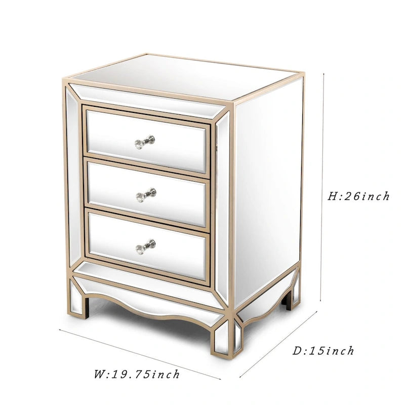 Meuble d'appoint de chevet multifonctionnel, Miroir Champagne à trois tiroirs